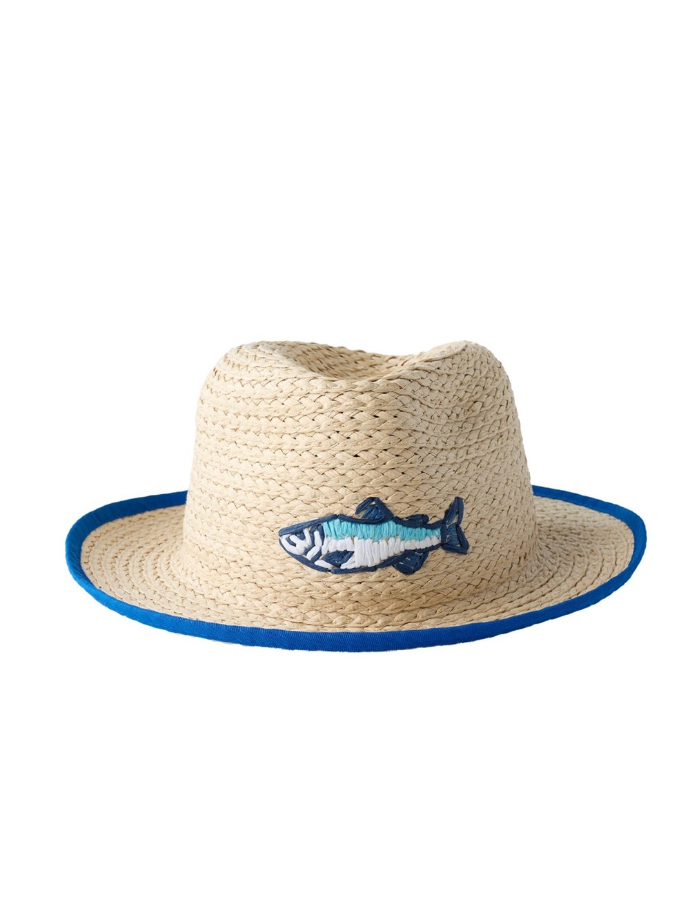 Zara Straw Kids Hat with Blue Trim and Fish Patch